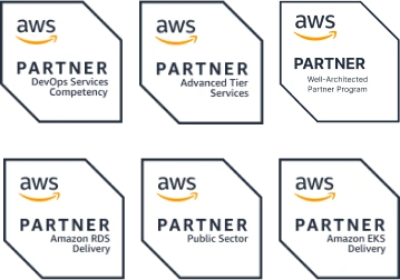 AWS Partner Badges - DevOps Services, Advanced Services, Well-Architected Partner, Service Delivery, Public Sector, Amazon EKS Delivery